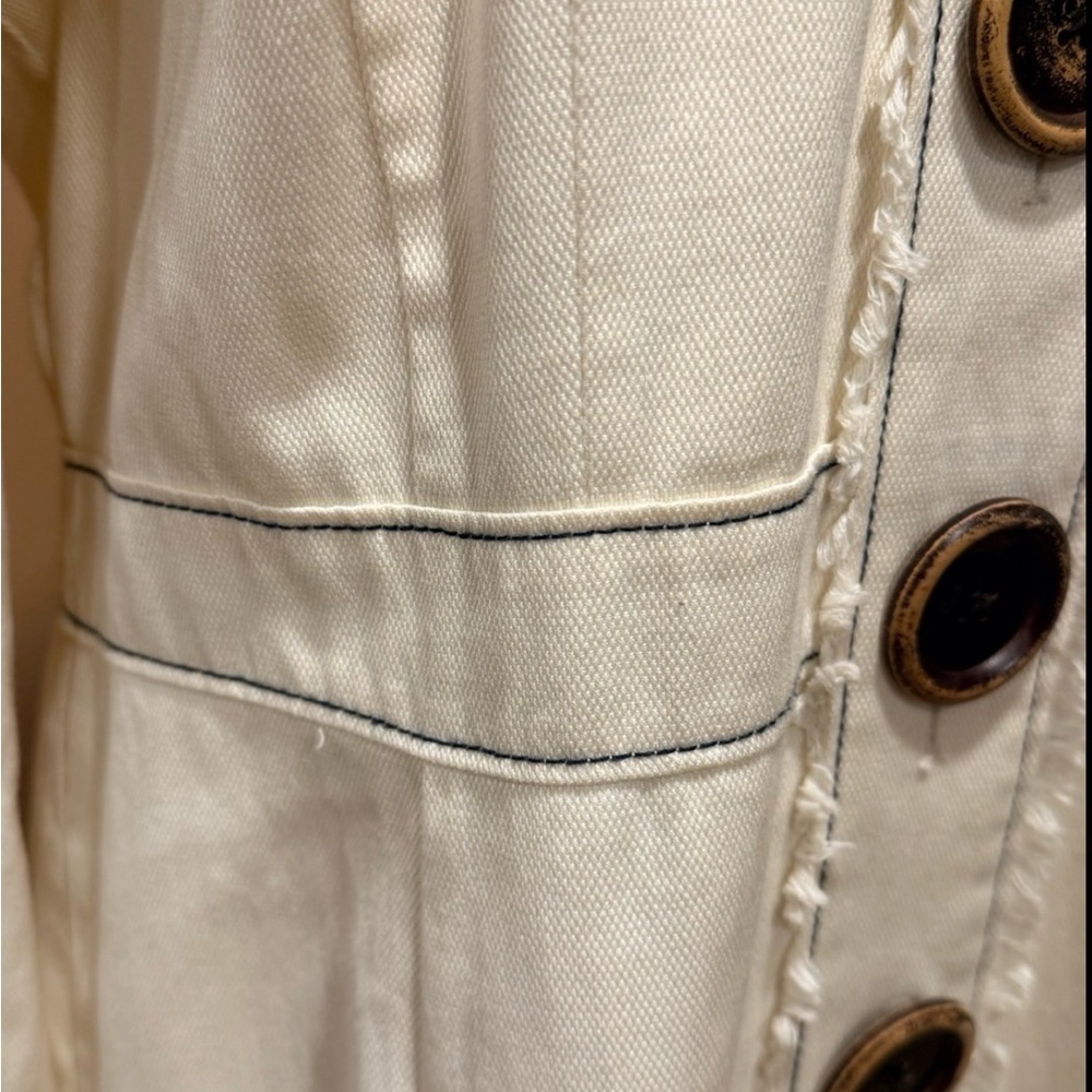 Boden Agar Trench Coat Cream Navy Contrast Trim Wood Buttons Size 10 - Picture 5 of 11